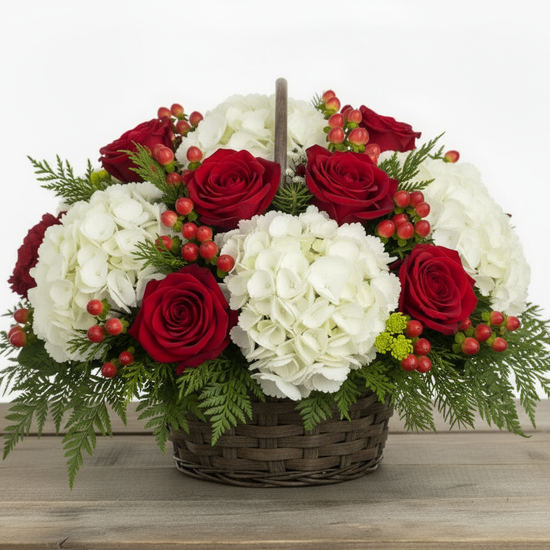 Basket of Holiday Cheer – Red Roses, Pinecones & Juniper flowerandtwine