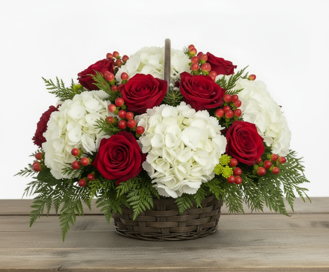 Basket of Holiday Cheer – Red Roses, Pinecones & Juniper flowerandtwine