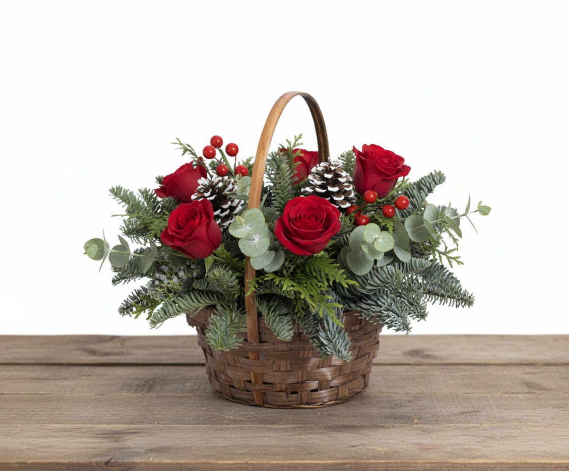 Basket of Holiday Cheer – Red Roses, Pinecones & Juniper flowerandtwine