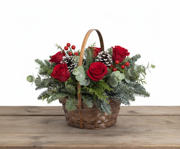 Basket of Holiday Cheer – Red Roses, Pinecones & Juniper flowerandtwine