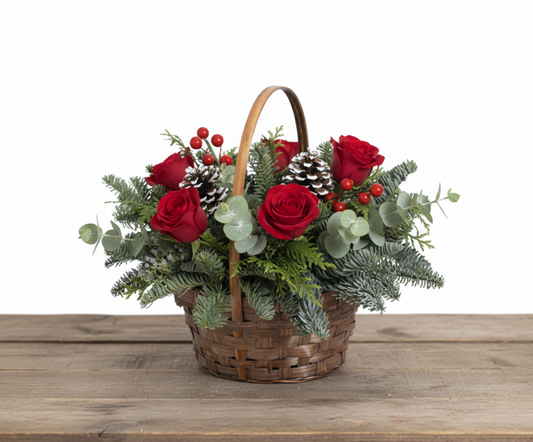 Basket of Holiday Cheer – Red Roses, Pinecones & Juniper flowerandtwine