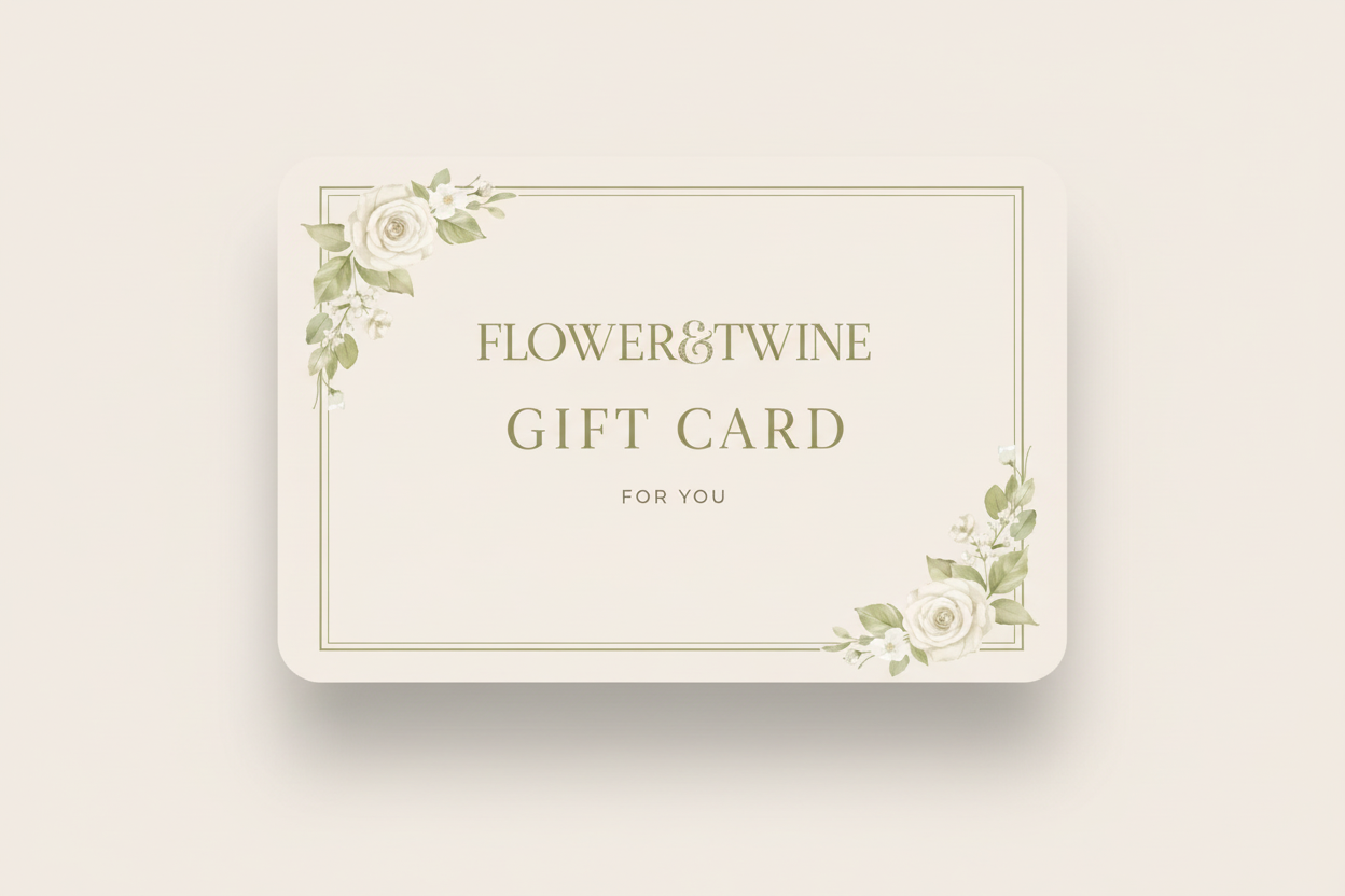 Gift card with floral design and 'Flower & Twine' branding on a beige background