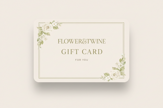 Gift card with floral design and 'Flower & Twine' branding on a beige background