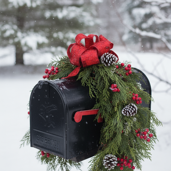 Holiday Mailbox Swag – Fresh Evergreens, Pinecones & Red Bow flowerandtwine