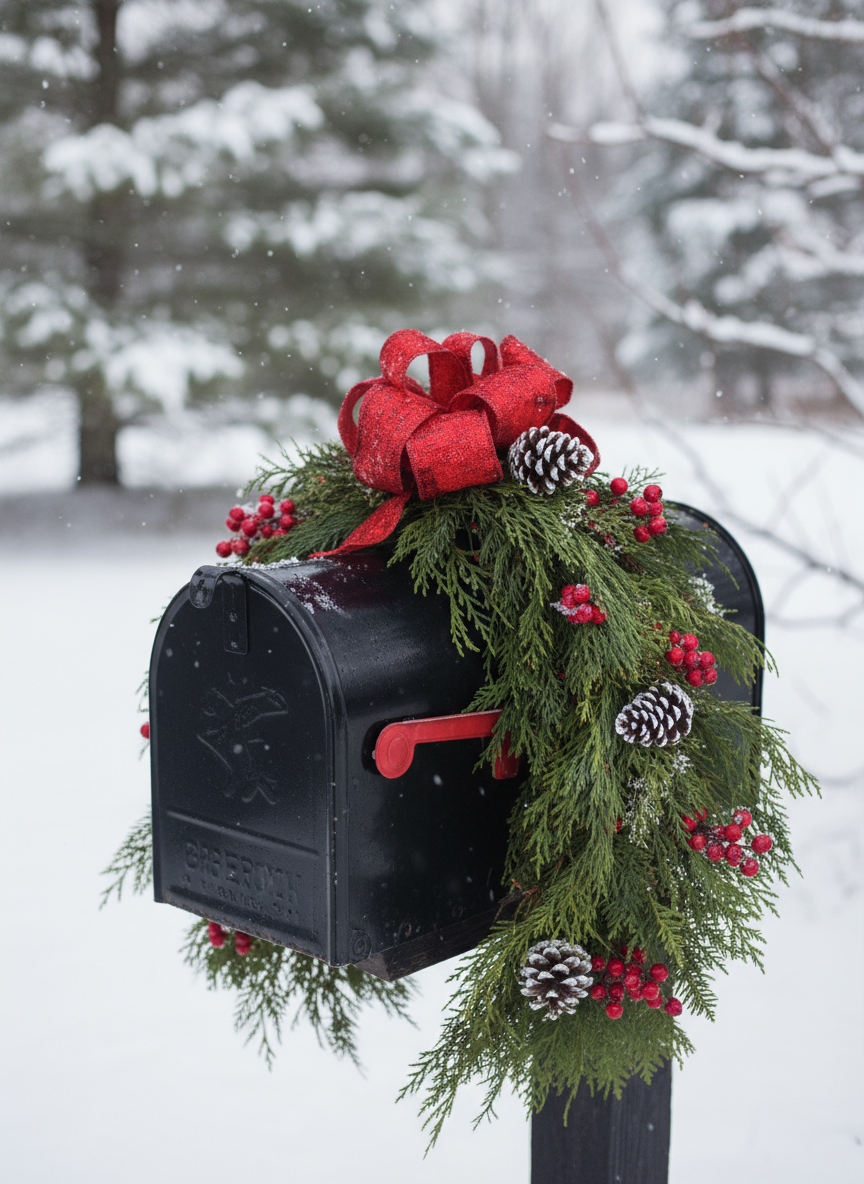 Holiday Mailbox Swag – Fresh Evergreens, Pinecones & Red Bow flowerandtwine
