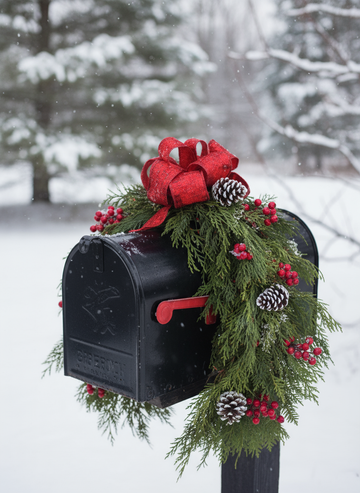Holiday Mailbox Swag – Fresh Evergreens, Pinecones & Red Bow flowerandtwine