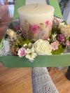 Fresh Peony Pressed Flower Pillar Candle & Optional Garden Arrangement