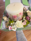 Fresh Peony Pressed Flower Pillar Candle & Optional Garden Arrangement
