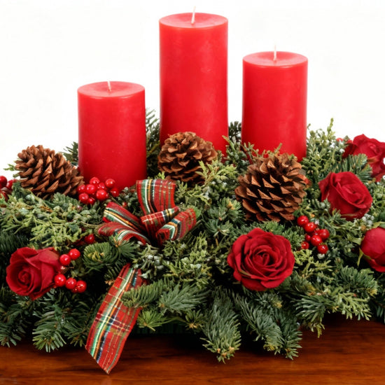 Holiday Centerpiece – Fresh Evergreens, Pinecones & Red Bow flowerandtwine