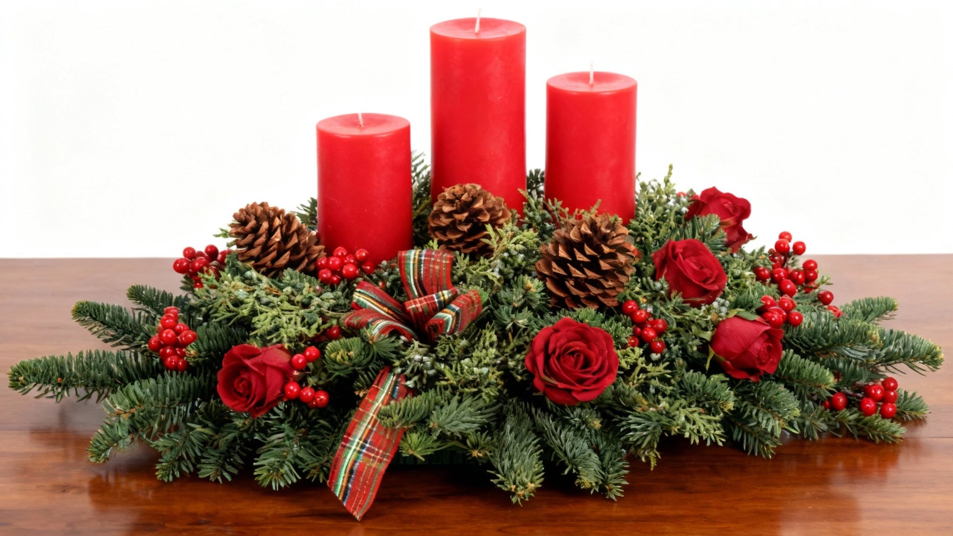 Holiday Centerpiece – Fresh Evergreens, Pinecones & Red Bow flowerandtwine