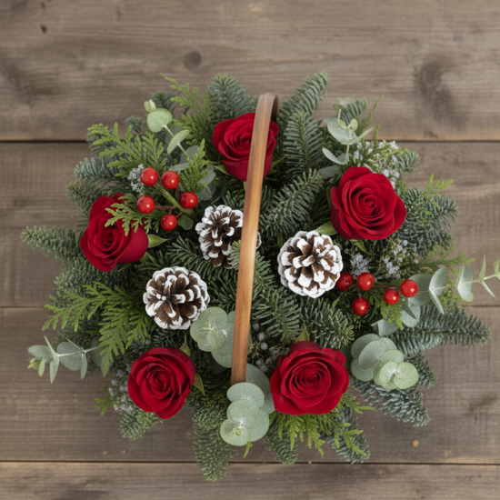 Basket of Holiday Cheer – Red Roses, Pinecones & Juniper flowerandtwine