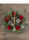 Basket of Holiday Cheer – Red Roses, Pinecones & Juniper flowerandtwine