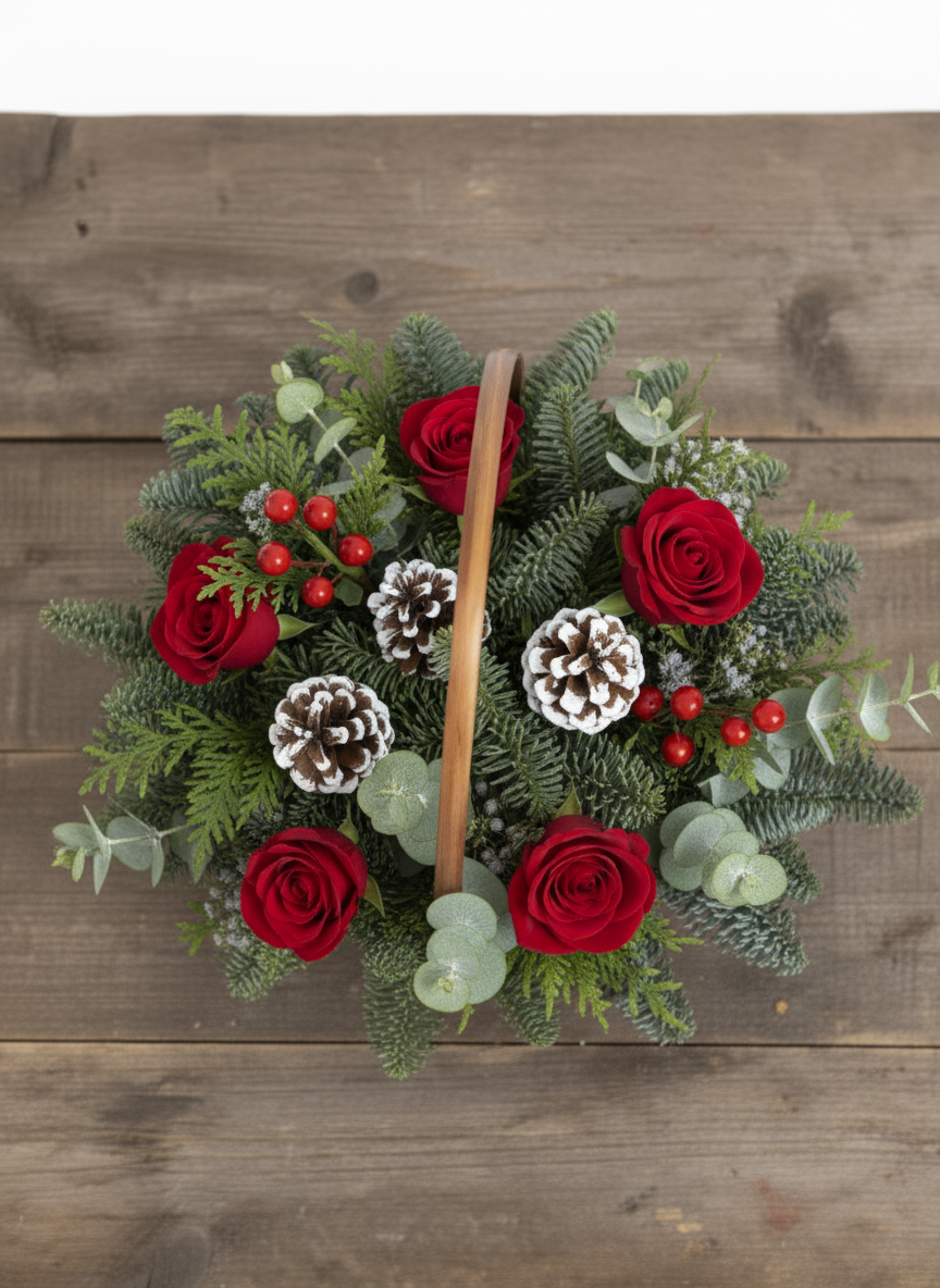 Basket of Holiday Cheer – Red Roses, Pinecones & Juniper flowerandtwine