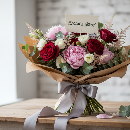 luxurious bouquet wrapped with kraft paper and ribbon with an inspirational message
