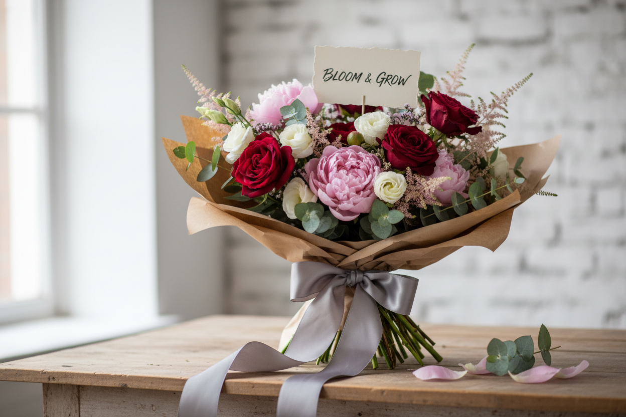 luxurious bouquet wrapped with kraft paper and ribbon with an inspirational message