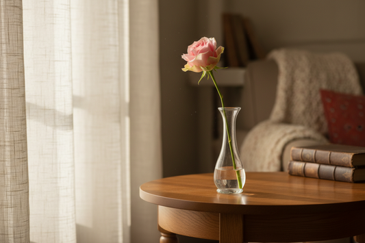 single stem bud vase on an end table