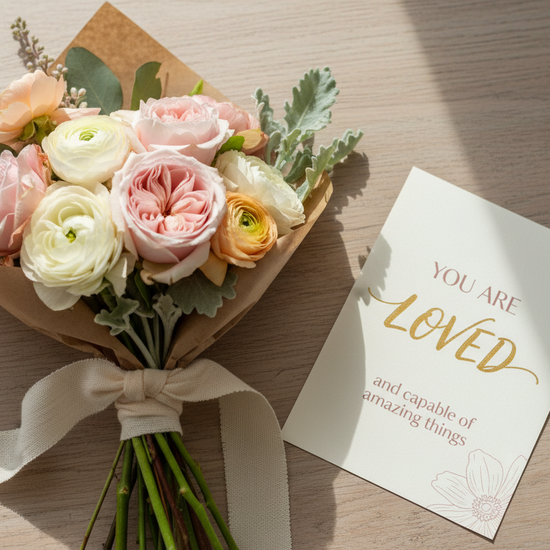 small bouquet with an affirmation card