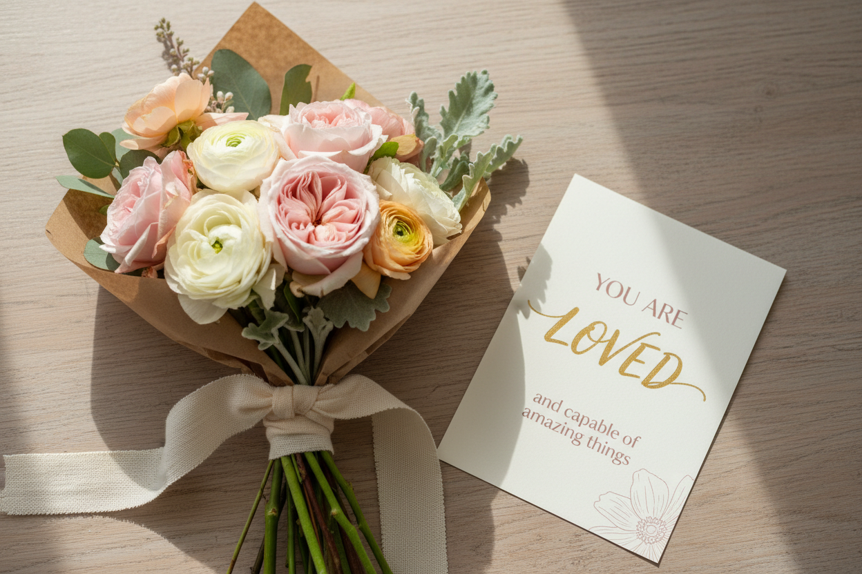small bouquet with an affirmation card