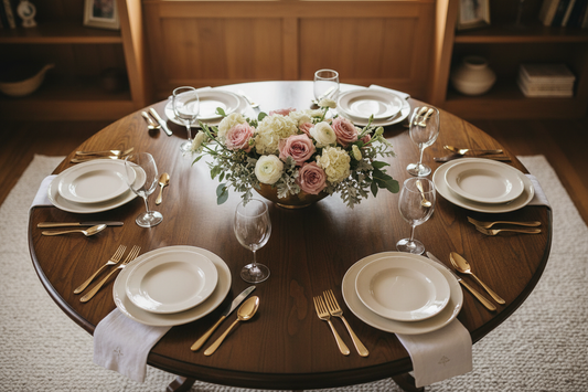 small floral centerpiece on a round table for 6 people