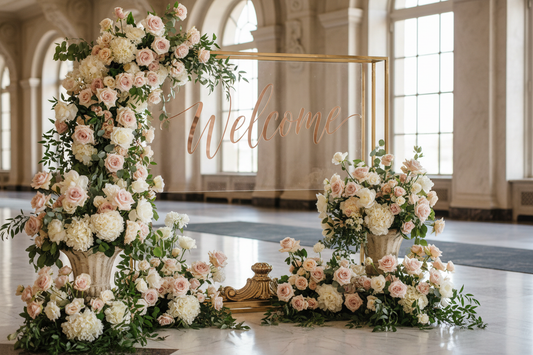 welcome sign with floral arrangements on the floor