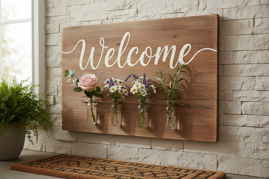 welcome sign with small bud vase decor
